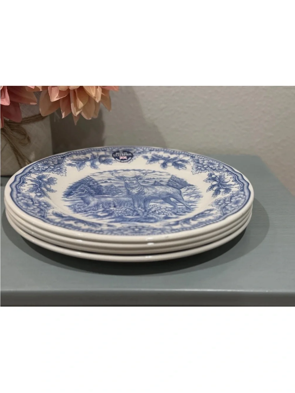 Royal Stafford 4 BLUE DEER STAG DINNER PLATES WOODLAND Thanksgiving 11